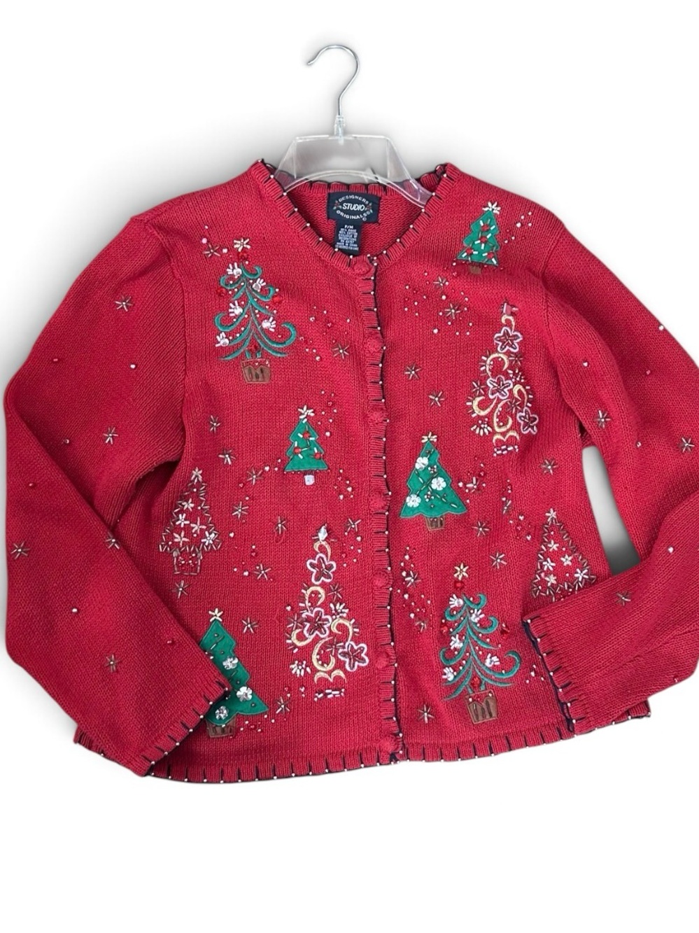 Vintage Designers Originals Studio Red Christmas Tree Beaded Cardigan Sweater PM